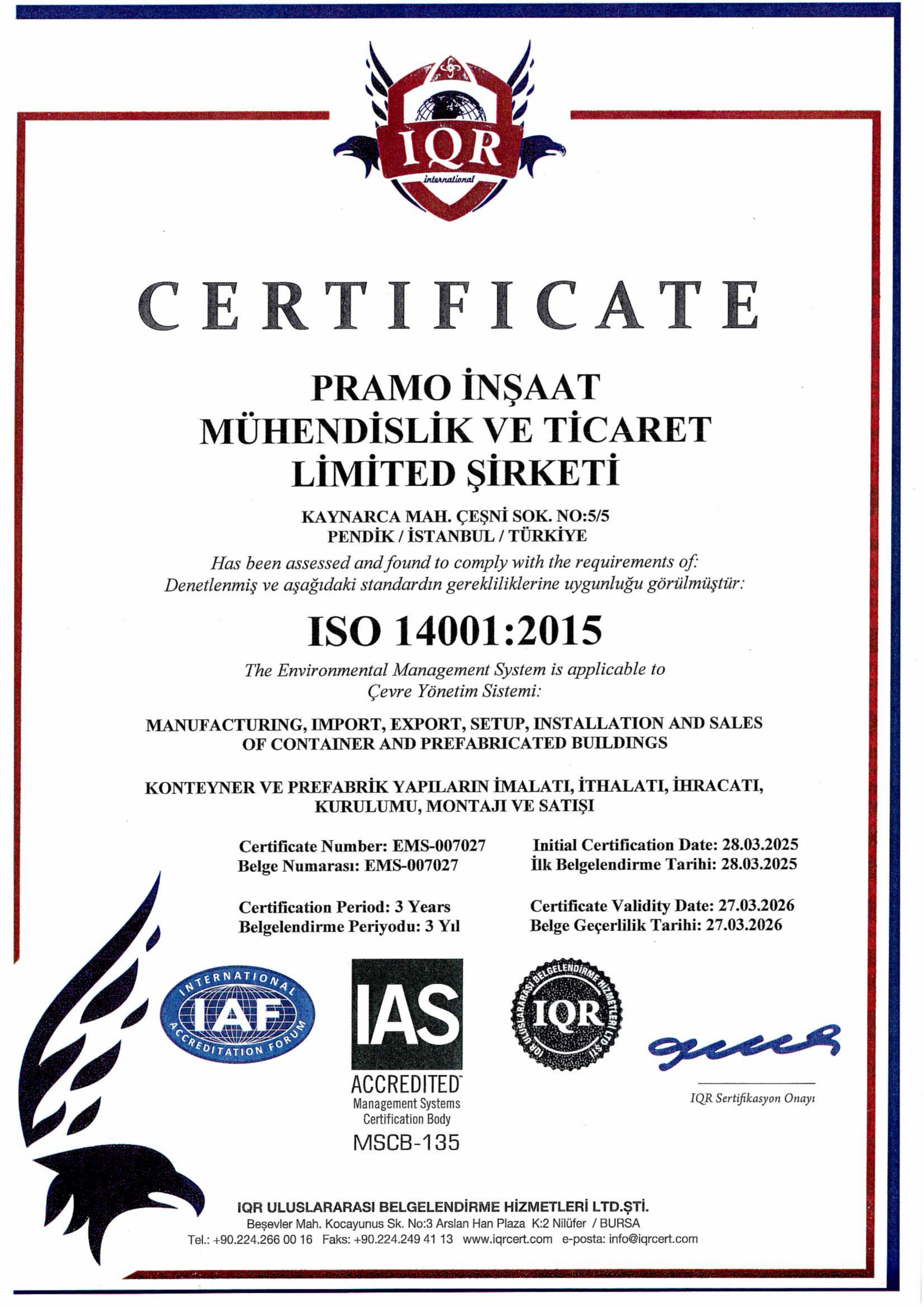İSO 14001 CERTIFICATE