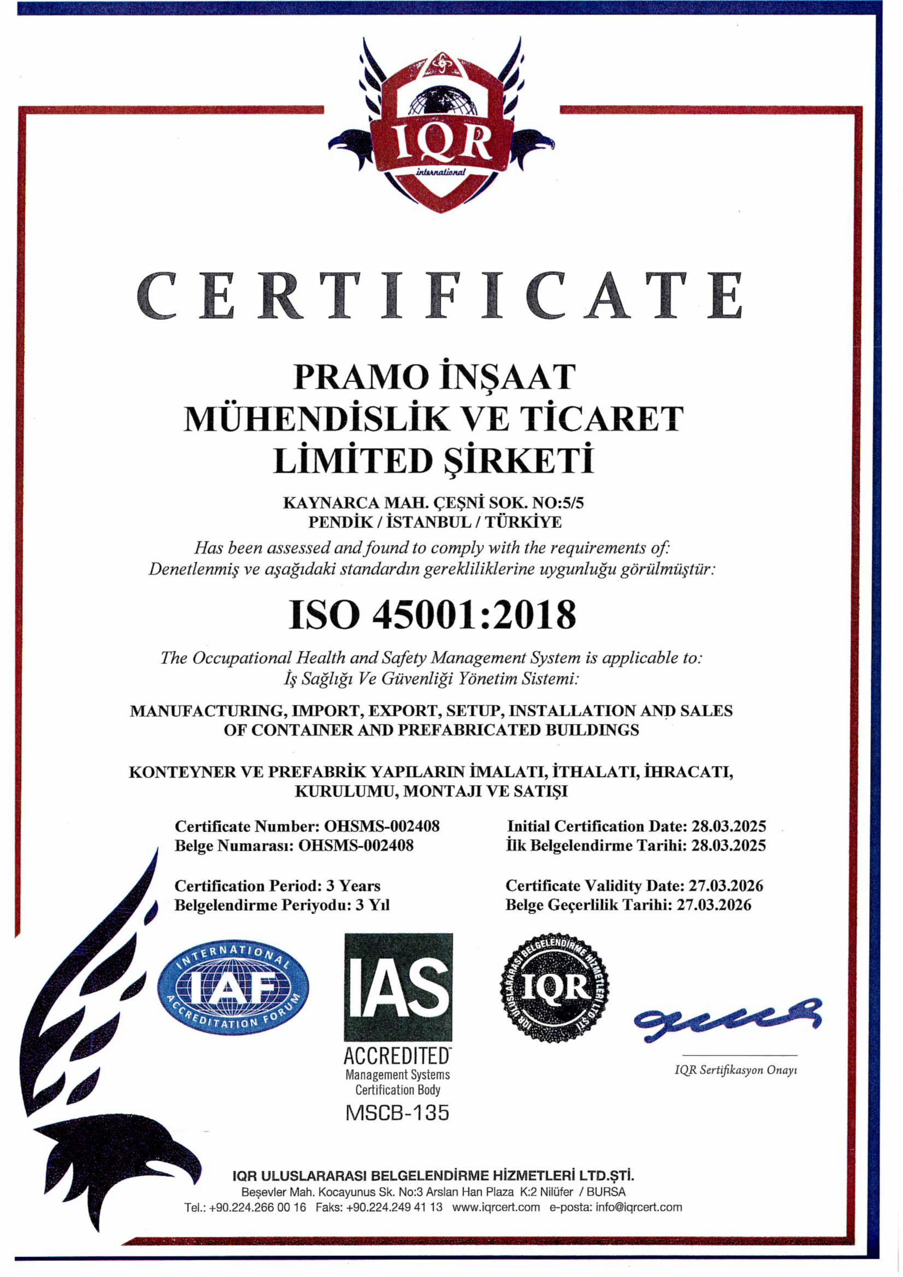 İSO 45001 CERTIFICATE