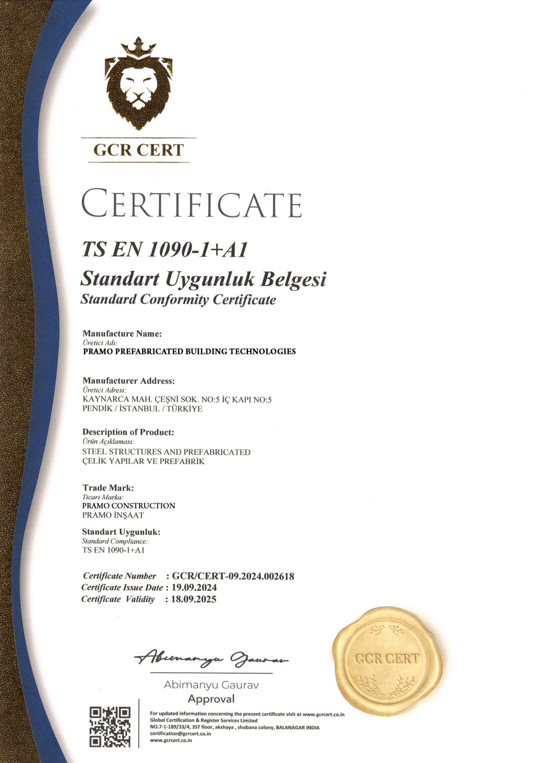 STANDARD CONFORMITY CERTIFICATE